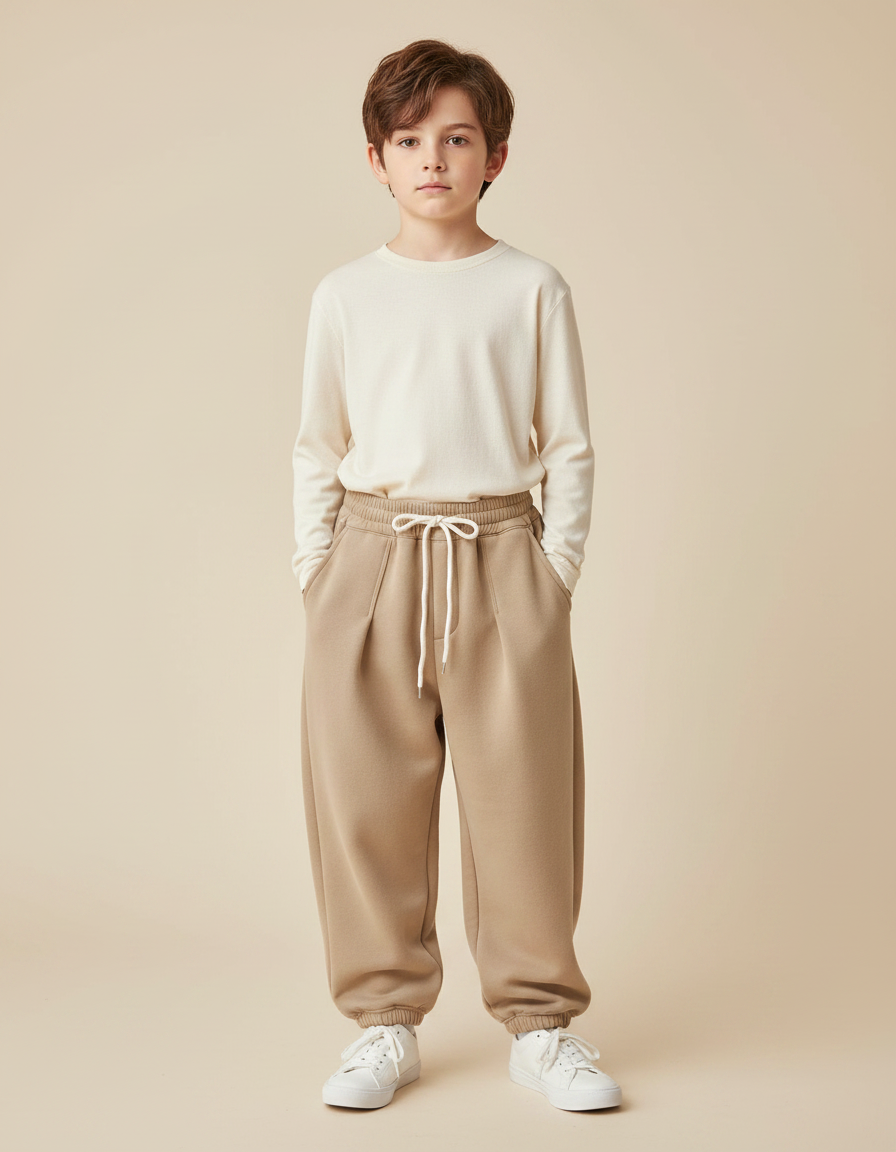 Pantalon Parachute Molleton Ample Garçon Hiver Cordon Serre-taille - Beige