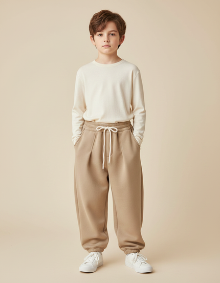 Pantalon Parachute Molleton Ample Garçon Hiver Cordon Serre-taille - Beige