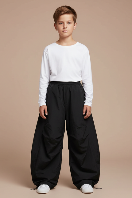 Pantalon Parachute Noir Ample Garçon Décontracté - Polyester