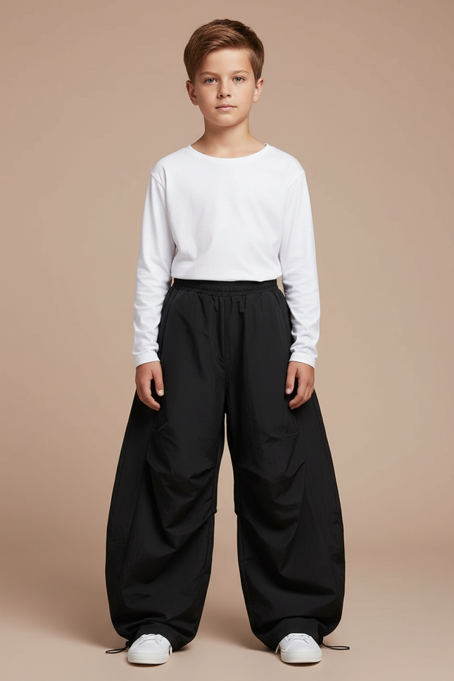 Pantalon Parachute Noir Ample Garçon Décontracté - Polyester