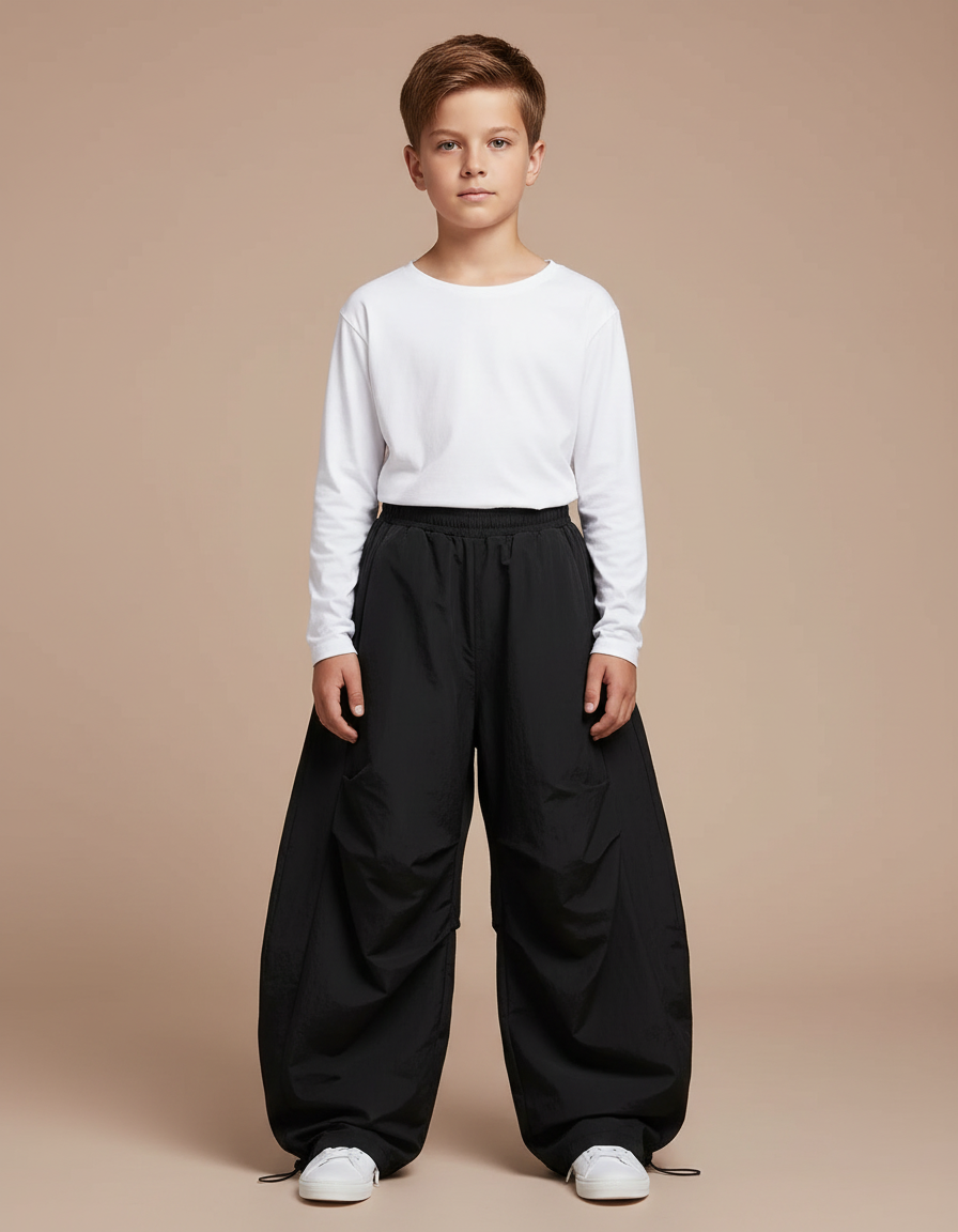 Pantalon Parachute Noir Ample Garçon Décontracté - Polyester