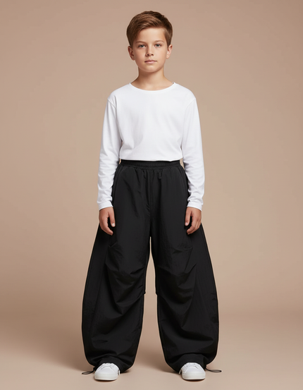 Pantalon Parachute Noir Ample Garçon Décontracté - Polyester
