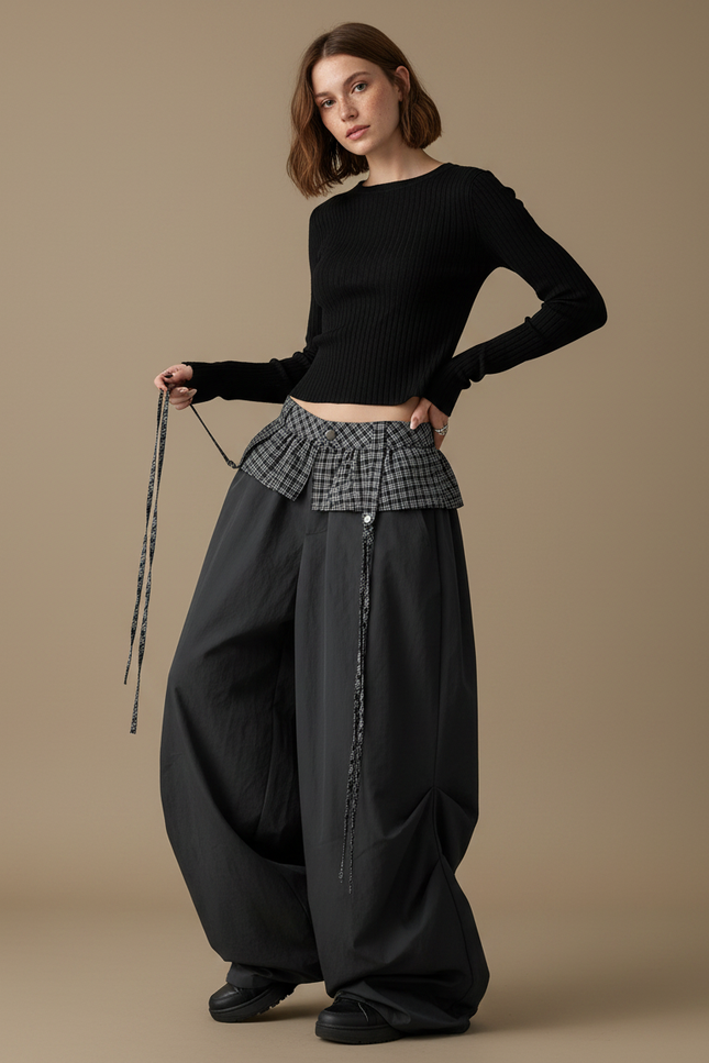 Pantalon Parachute Noir Ample Plissé Jupe Écossaise - Polyester