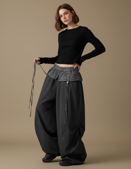 Pantalon Parachute Noir Ample Plissé Jupe Écossaise - Polyester