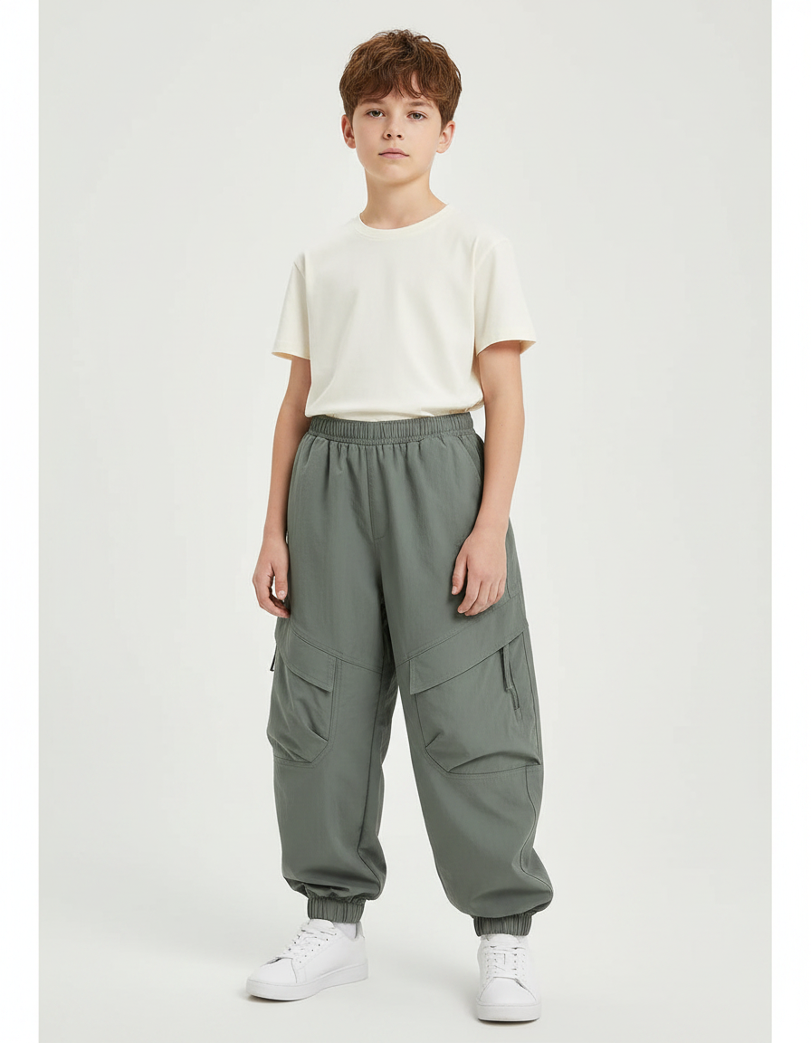 Pantalon Parachute Kaki Ample Cargo Garçon Décontracté - Polyester