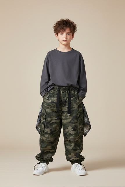 Pantalon Parachute Camouflage Cargo Ample Garçon Streetwear - Kaki Toile