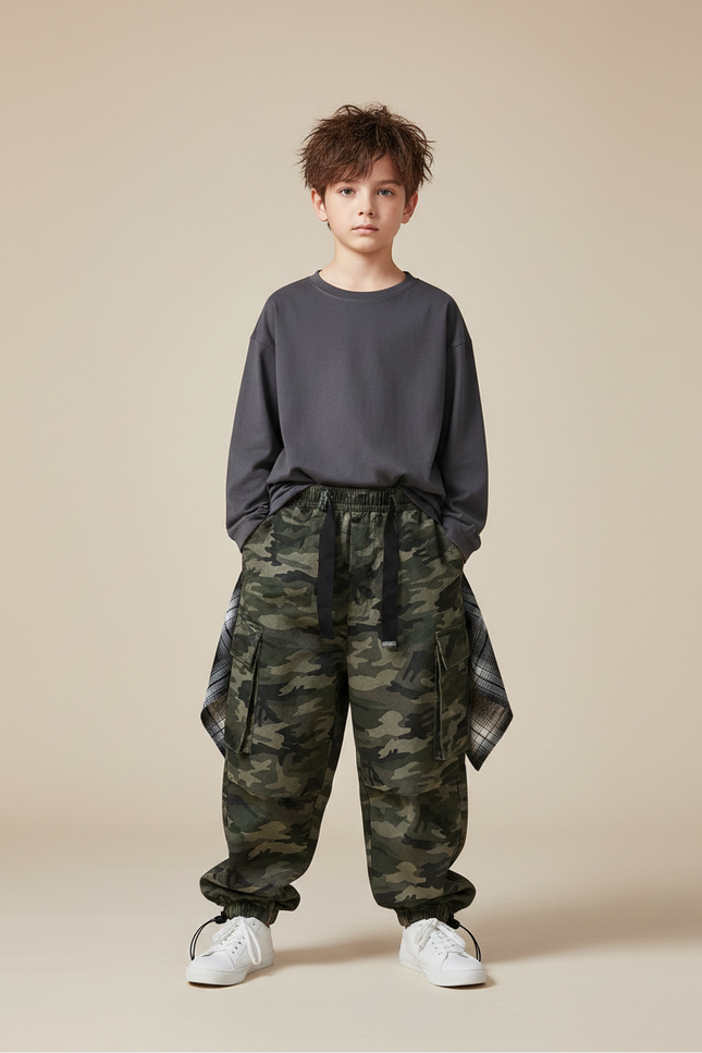 Pantalon Parachute Camouflage Cargo Ample Garçon Streetwear - Kaki Toile