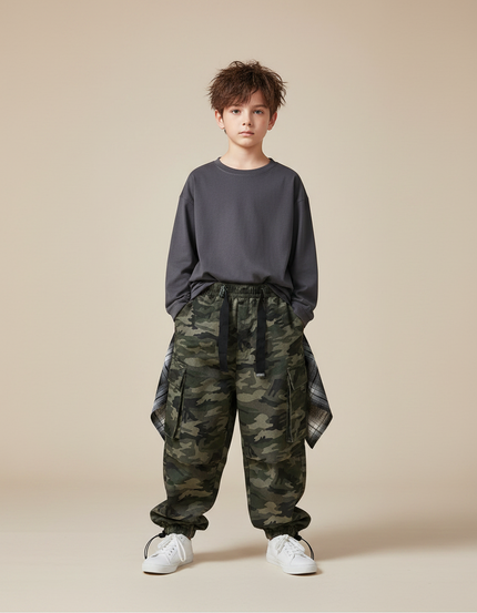 Pantalon Parachute Camouflage Cargo Ample Garçon Streetwear - Kaki Toile