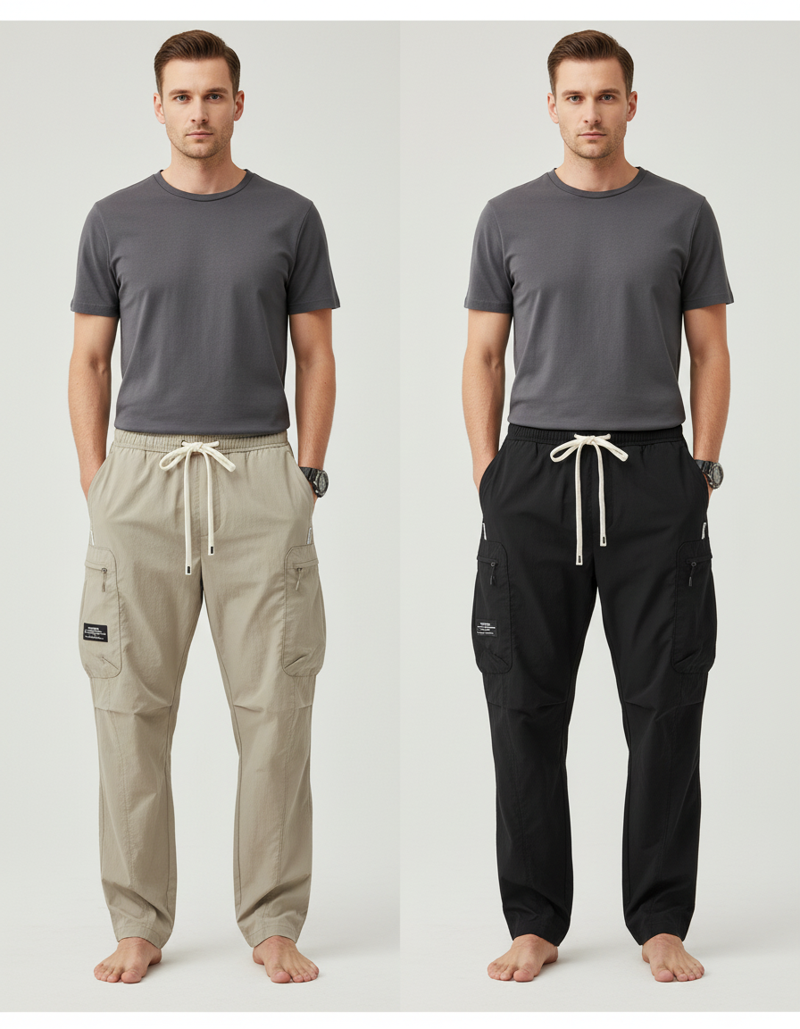 Pantalon Parachute Cargo Décontracté Ample Homme Léger - Beige Polyester
