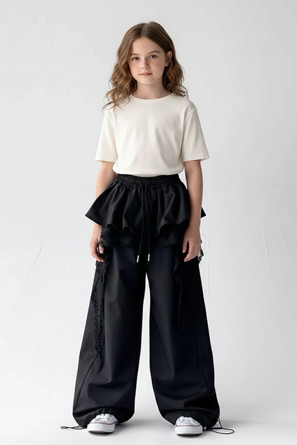 Pantalon Parachute Noir Ample Dentelle Fille Urbain - Gabardine