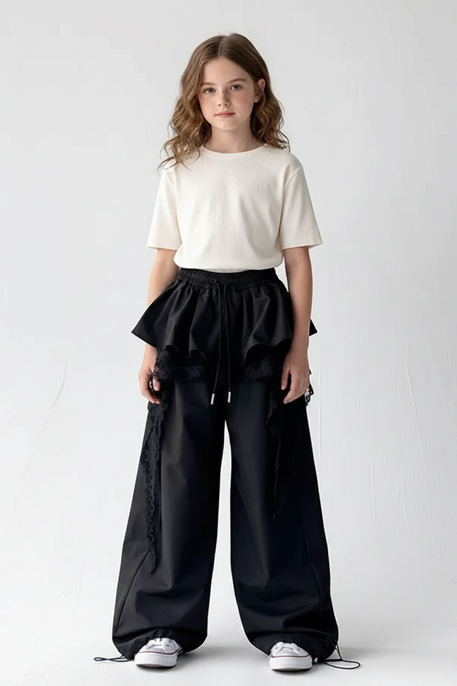 Pantalon Parachute Noir Ample Dentelle Fille Urbain - Gabardine