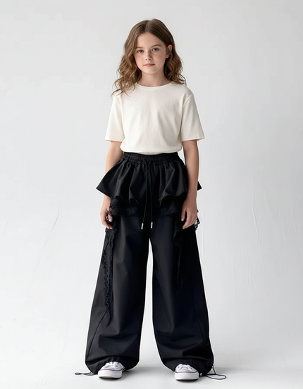 Pantalon Parachute Noir Ample Dentelle Fille Urbain - Gabardine