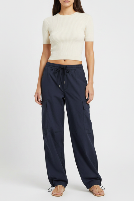 Pantalon Parachute Bleu Marine Ample Cordon Fluide Femme - Polyester