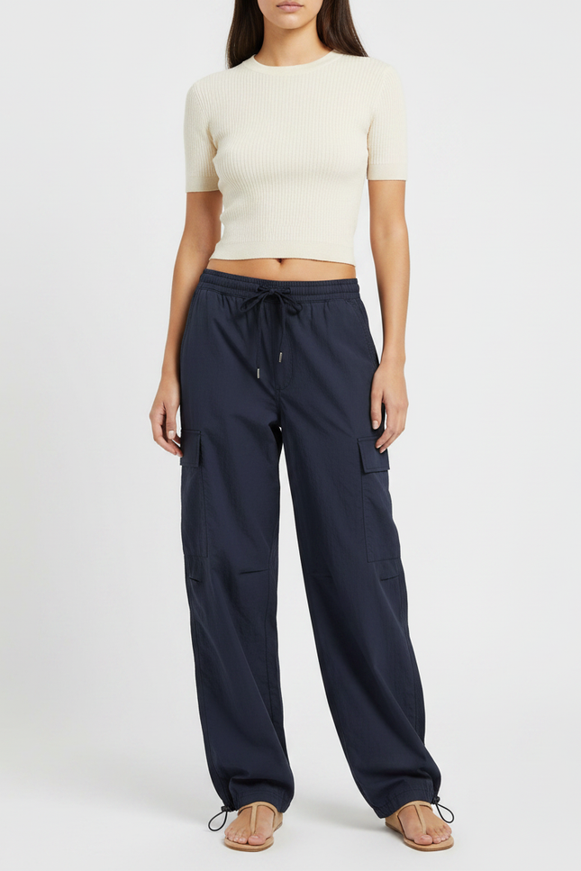 Pantalon Parachute Bleu Marine Ample Cordon Fluide Femme - Polyester