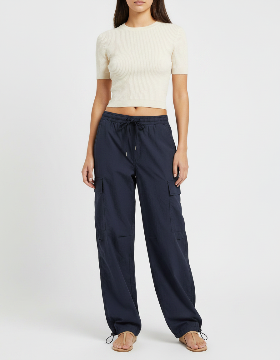 Pantalon Parachute Bleu Marine Ample Cordon Fluide Femme - Polyester