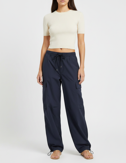 Pantalon Parachute Bleu Marine Ample Cordon Fluide Femme - Polyester