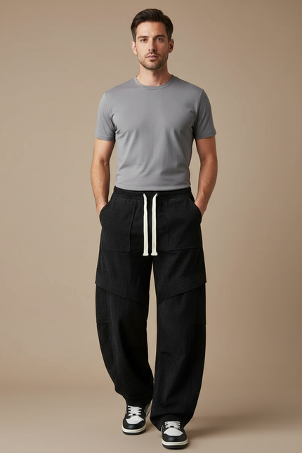 Pantalon Parachute Noir Ample Cordon Décontracté Homme - Cordé