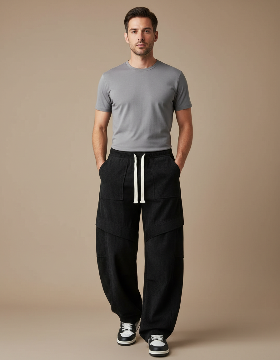 Pantalon Parachute Noir Ample Cordon Décontracté Homme - Cordé