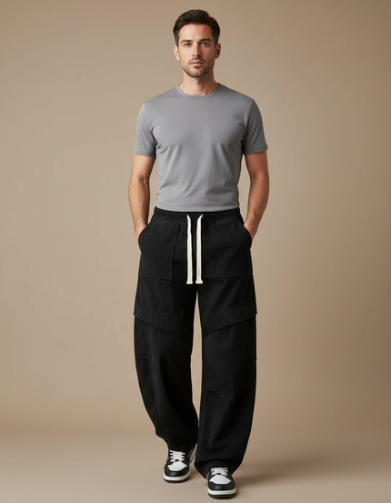 Pantalon Parachute Noir Ample Cordon Décontracté Homme - Cordé