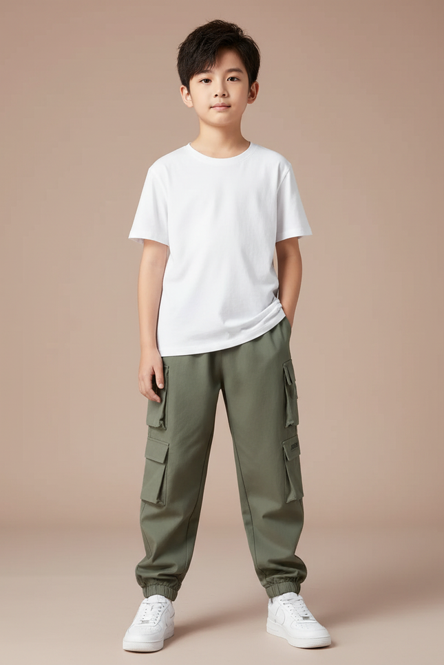 Pantalon Parachute Kaki Ample Cargo Garçon Coton