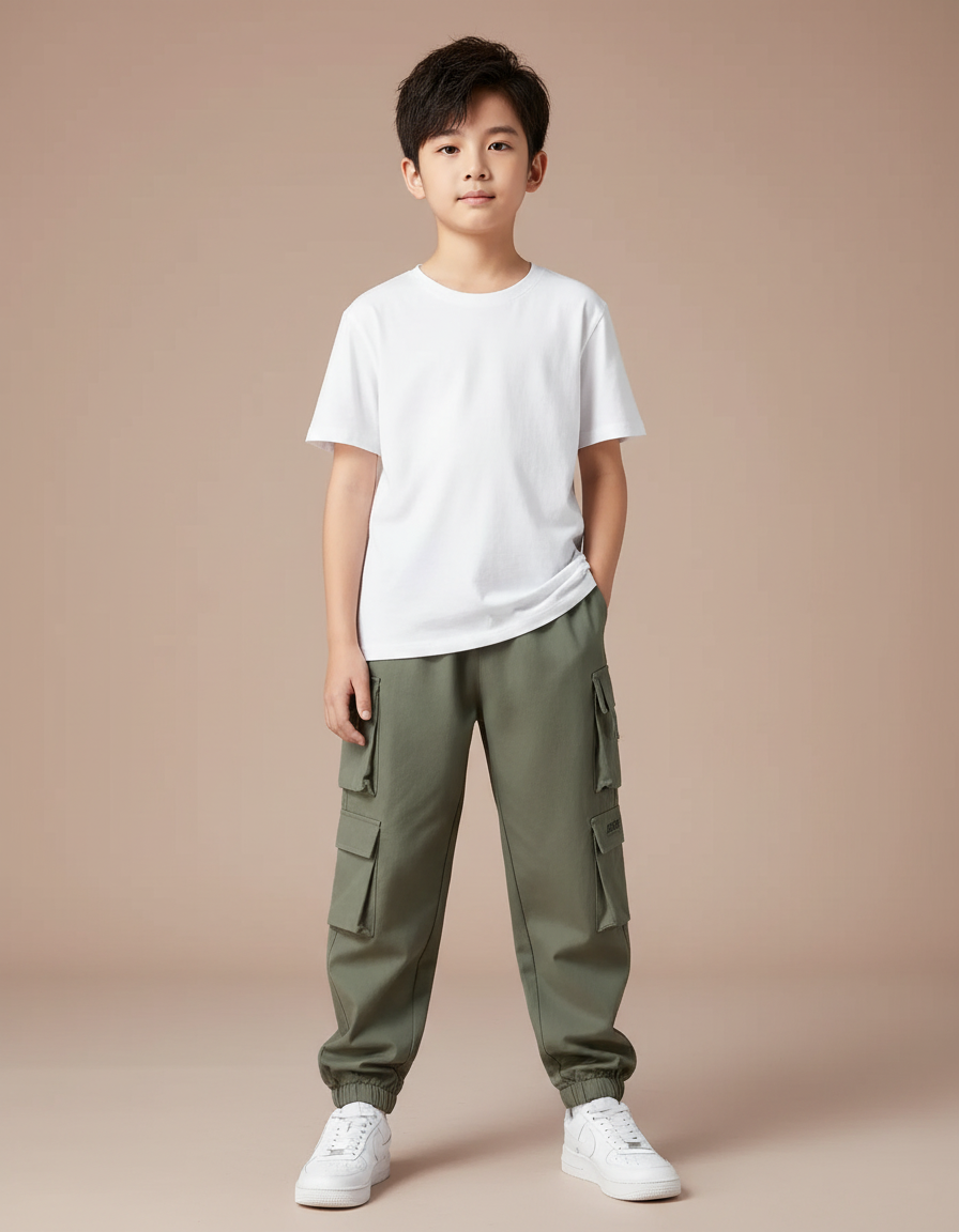 Pantalon Parachute Kaki Ample Cargo Garçon Coton