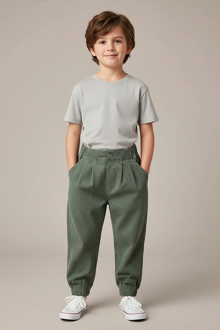 Pantalon Parachute Vert Coton Ample Garçon Décontracté
