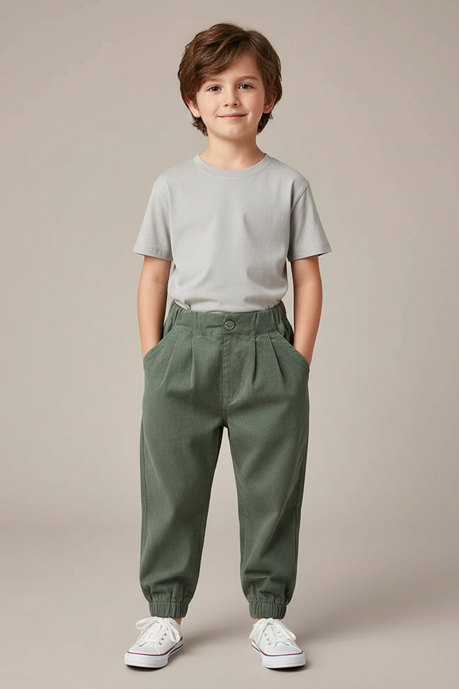 Pantalon Parachute Vert Coton Ample Garçon Décontracté