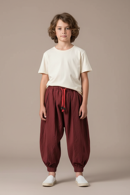 Pantalon Parachute Bordeaux Ample Décontracté Enfant Coton