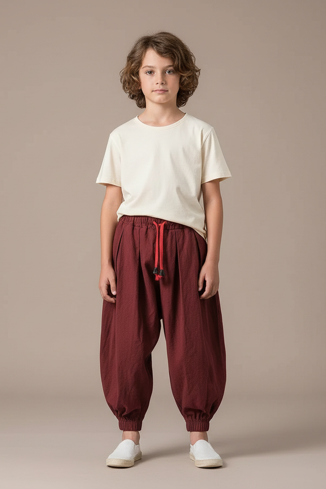 Pantalon Parachute Bordeaux Ample Décontracté Enfant Coton