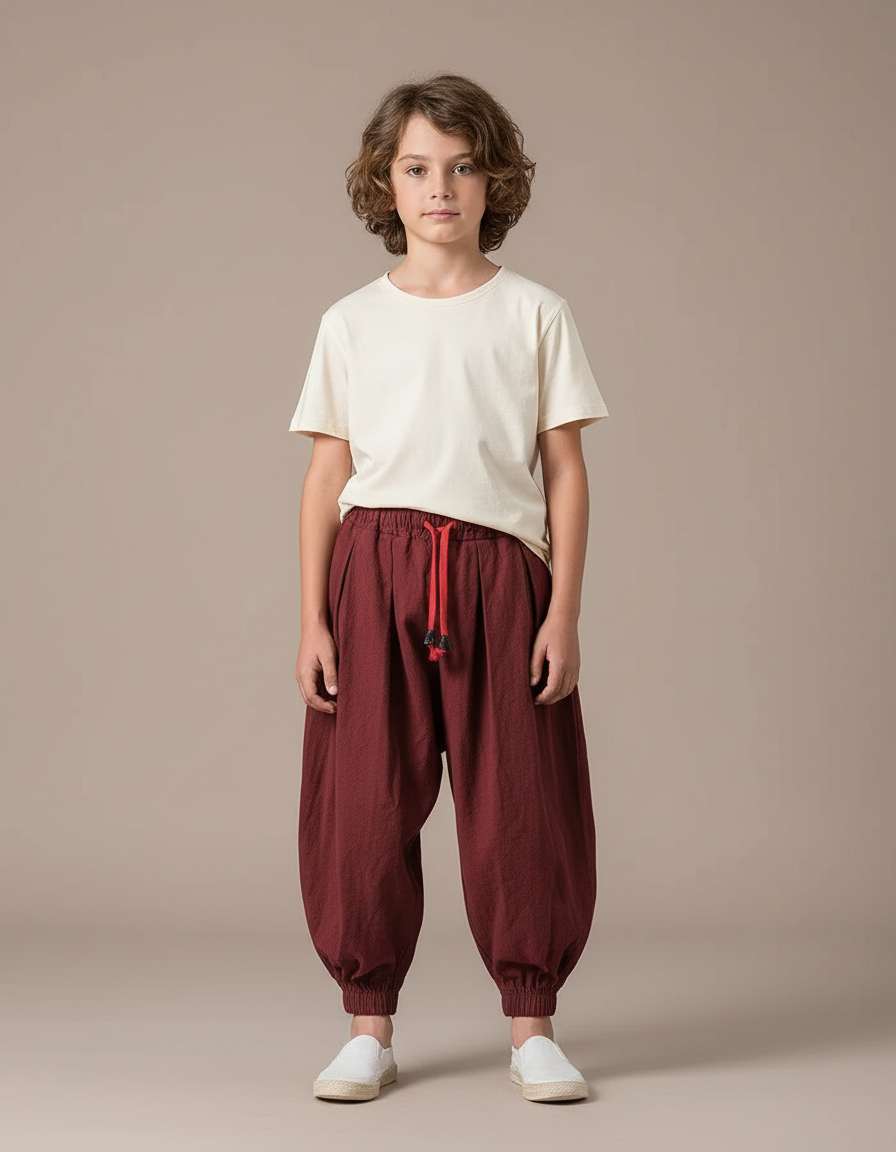 Pantalon Parachute Bordeaux Ample Décontracté Enfant Coton