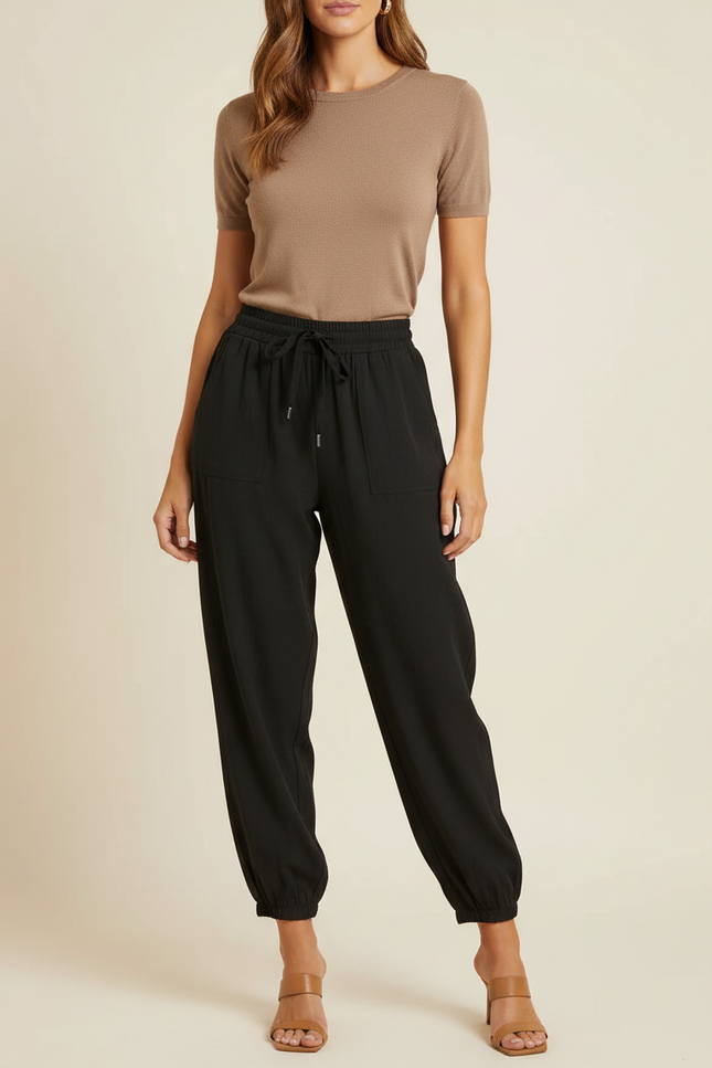 Pantalon Parachute Noir Fluide Taille Haute Femme - Viscose