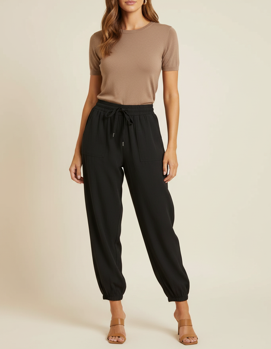 Pantalon Parachute Noir Fluide Taille Haute Femme - Viscose