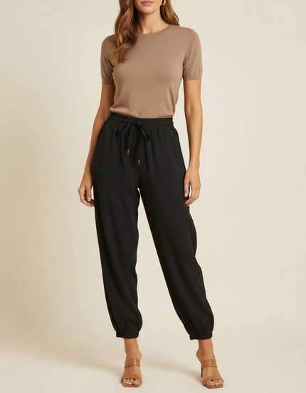 Pantalon Parachute Noir Fluide Taille Haute Femme - Viscose
