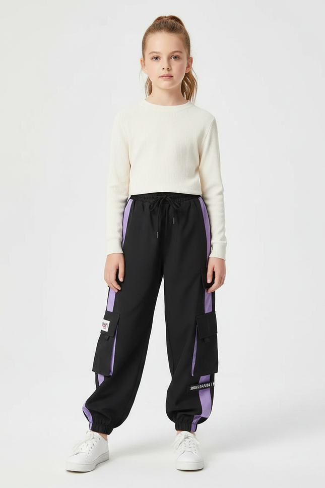 Pantalon Parachute Noir Violet Ample Cargo Streetwear - Polyester