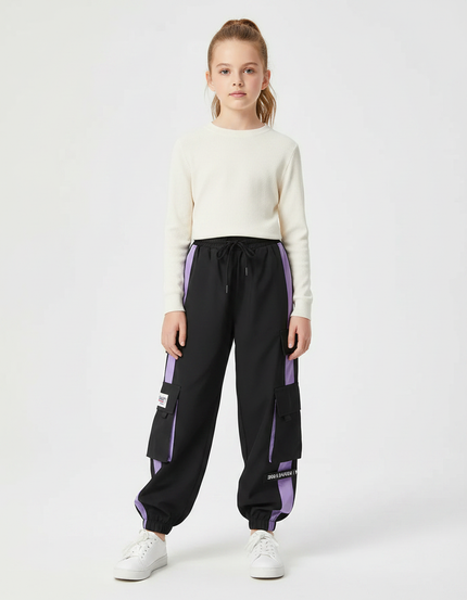 Pantalon Parachute Noir Violet Ample Cargo Streetwear - Polyester