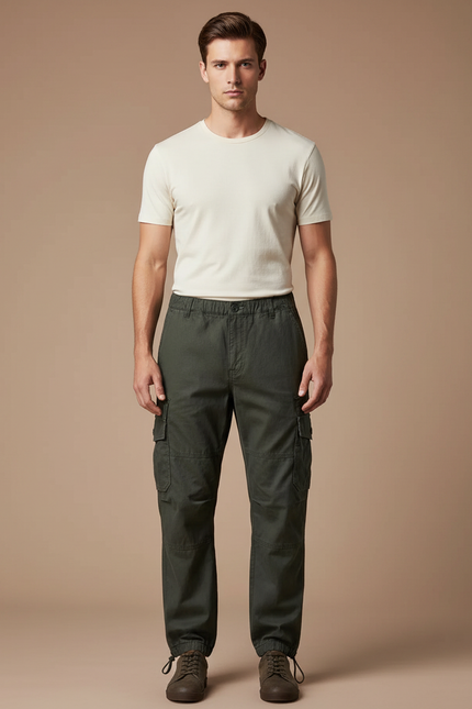 Pantalon Parachute Kaki Cargo Coton Ample Homme