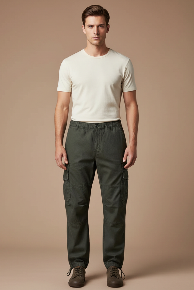 Pantalon Parachute Kaki Cargo Coton Ample Homme