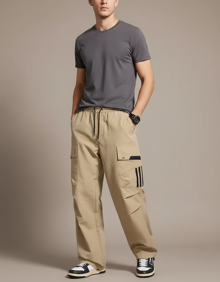 Pantalon Parachute Beige Cargo Ample Multipoches Homme - Toile