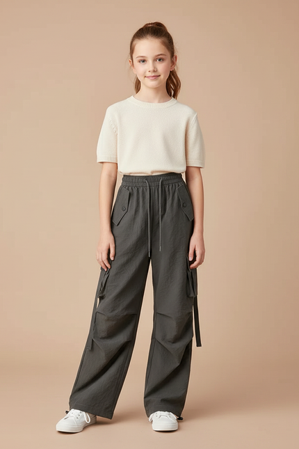 Pantalon Parachute Gris Cargo Ample Enfant Cordon - Polyester