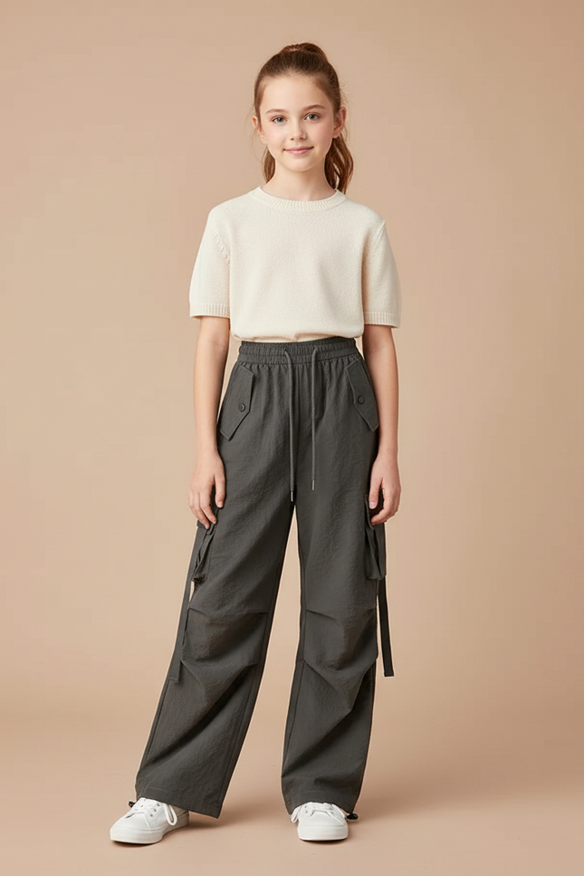 Pantalon Parachute Gris Cargo Ample Enfant Cordon - Polyester