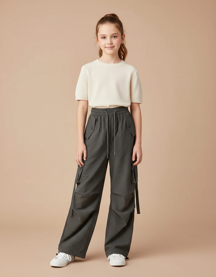Pantalon Parachute Gris Cargo Ample Enfant Cordon - Polyester