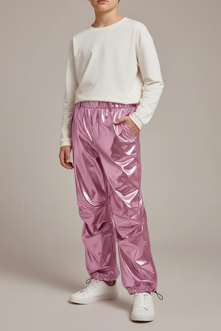 Pantalon Parachute Rose Métallique Ample Brillant Enfant - Polyester