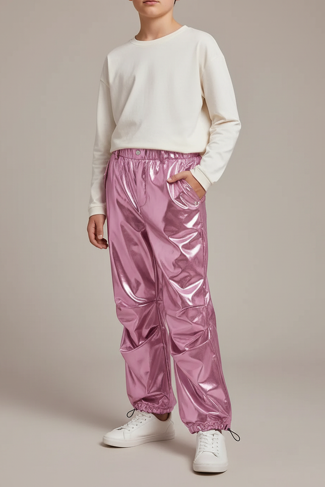 Pantalon Parachute Rose Métallique Ample Brillant Enfant - Polyester