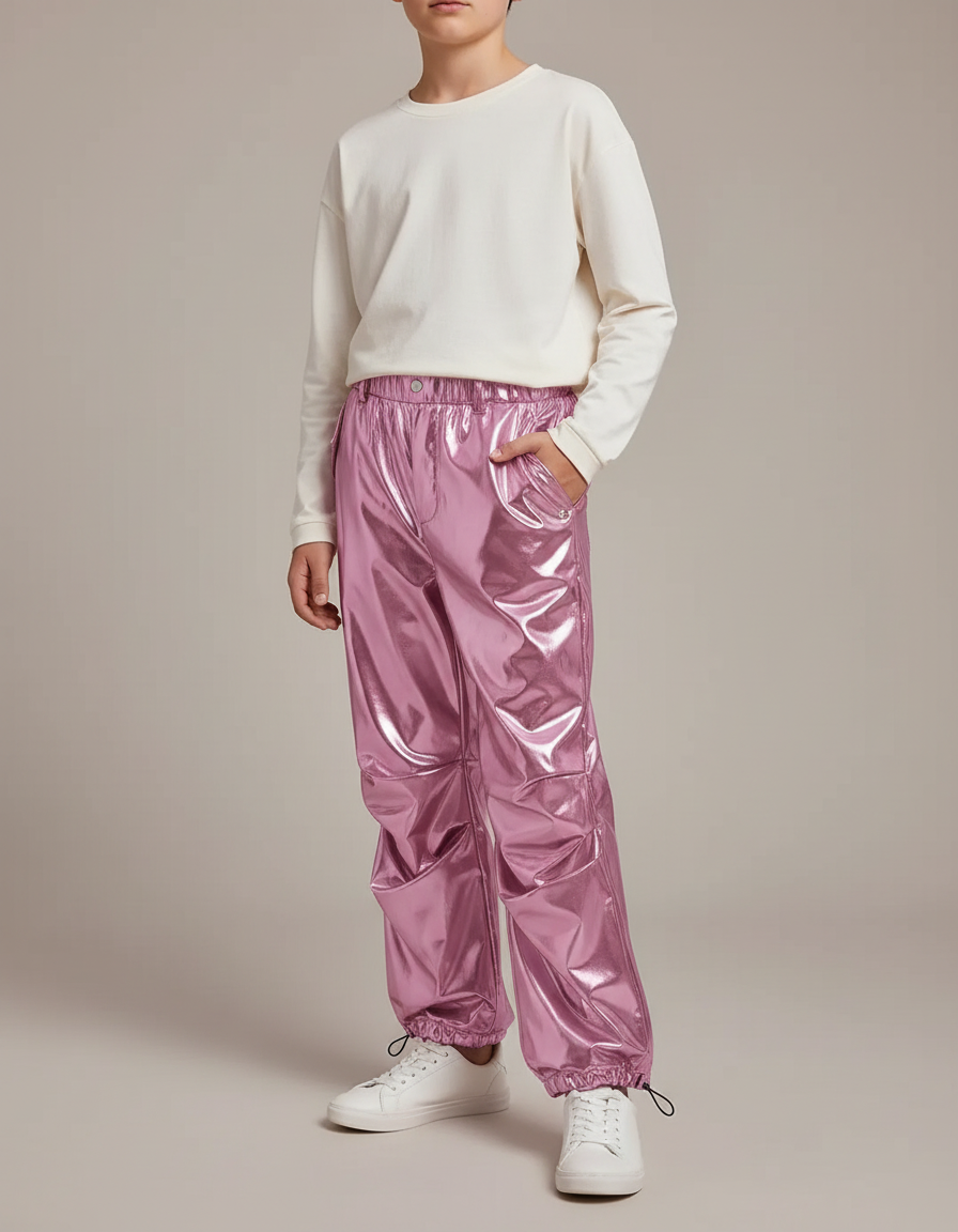 Pantalon Parachute Rose Métallique Ample Brillant Enfant - Polyester