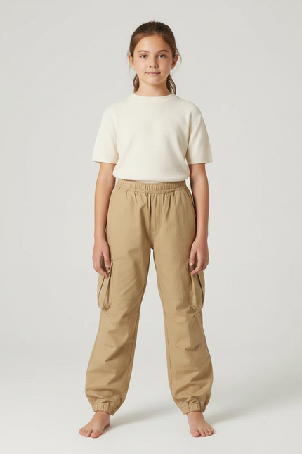 Pantalon Parachute Fille Kaki Cargo - Beige Toile