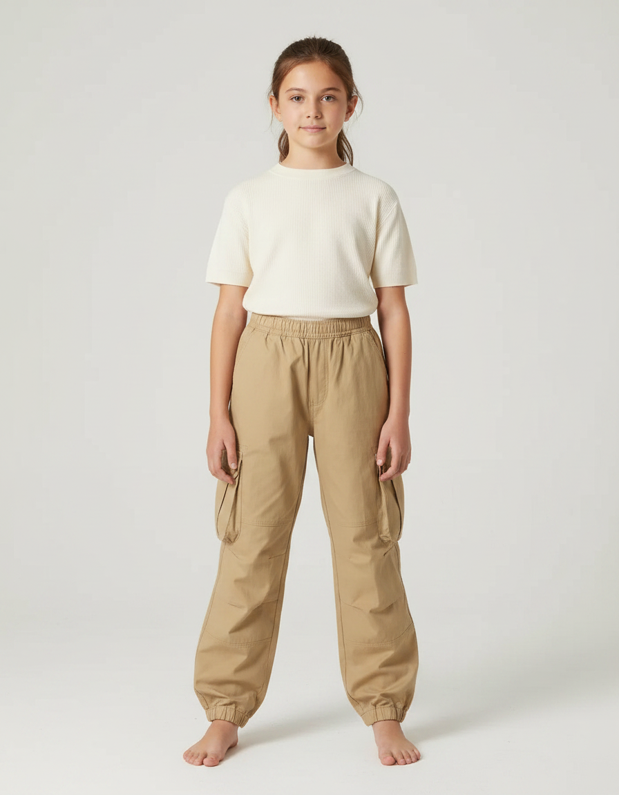 Pantalon Parachute Fille Kaki Cargo - Beige Toile