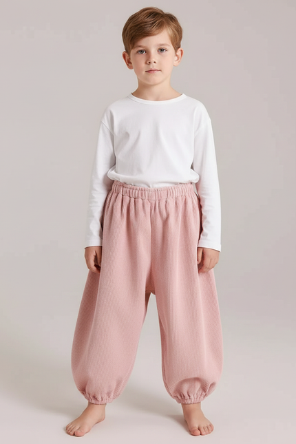 Pantalon Parachute Rose Côtelé Ample Décontracté Enfant - Cordé