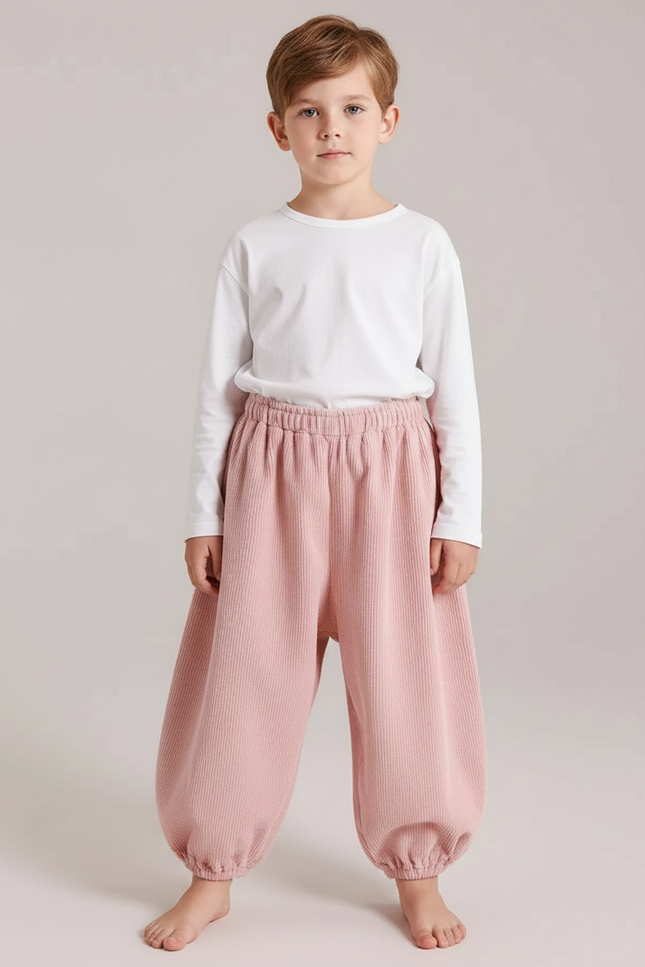 Pantalon Parachute Rose Côtelé Ample Décontracté Enfant - Cordé