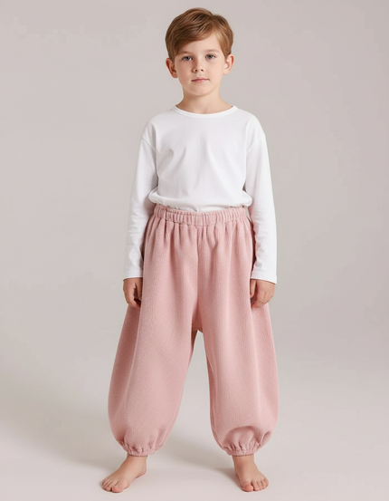 Pantalon Parachute Rose Côtelé Ample Décontracté Enfant - Cordé