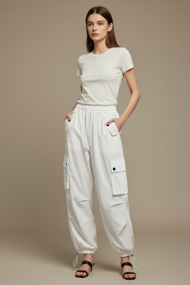 Pantalon Parachute Blanc Cargo Taille Haute Femme - Polyester